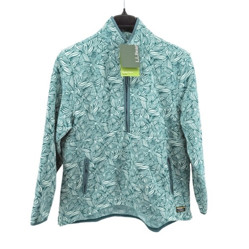 L.L. Bean Teal Leaf-Print Fleece Pullover